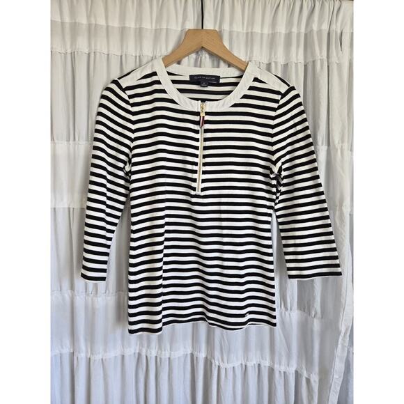 Tommy Hilfiger Womens Medium Black & White Striped Zip Top Coastal Nautical - Picture 1 of 8